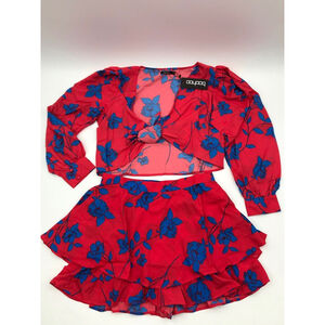 Boohoo Red Floral Balloon Sleeve Top & Ruffle Shorts size US 10